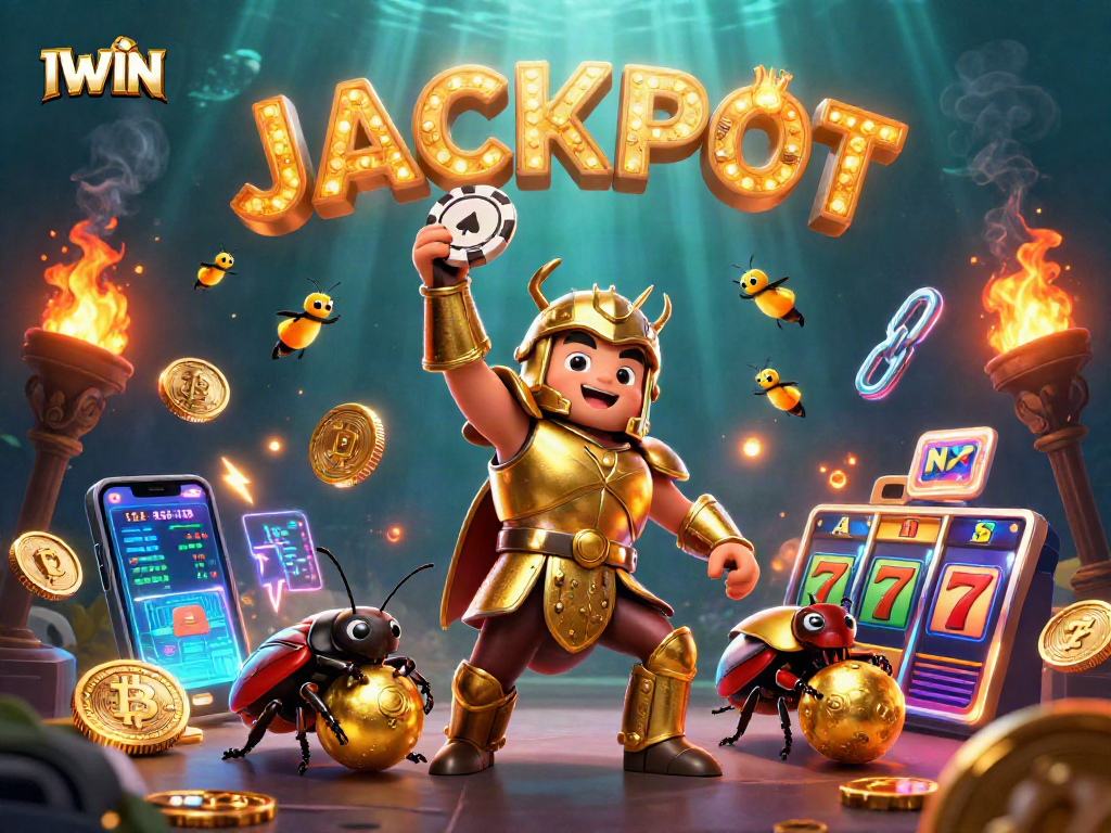 IWIN celebrates victory in a vibrant casino scene with gold coins and jackpot symbols.