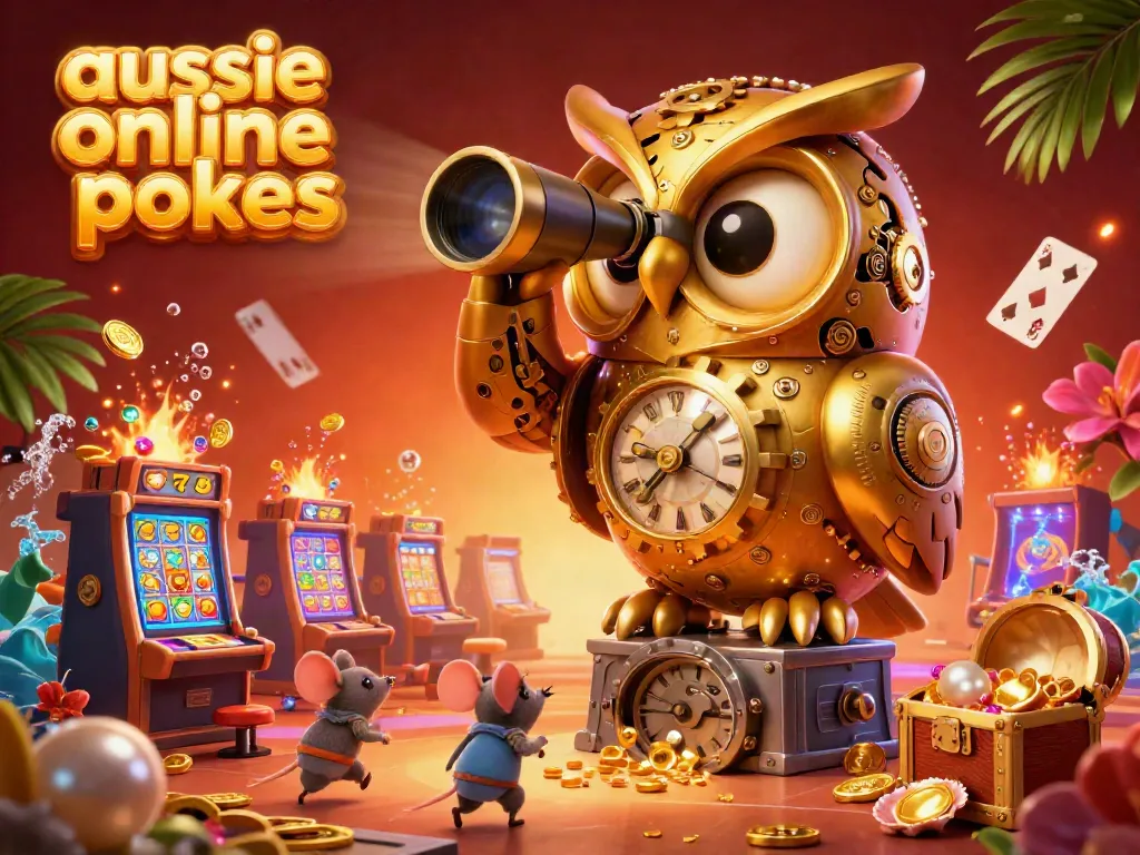 Aussie online pokies scene with a clockwork owl, vibrant slot machines, and gold coins bursting from treasure chests.