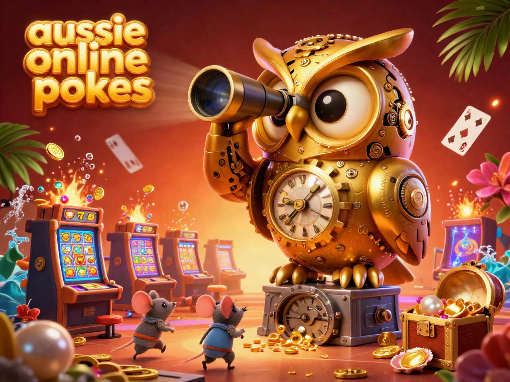 Aussie online pokies scene with a clockwork owl, vibrant slot machines, and gold coins bursting from treasure chests.