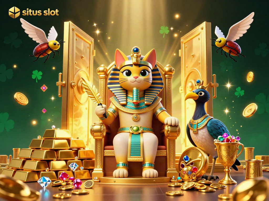 Engage with the vibrant world of situs slot featuring a golden pharaoh cat, treasures, and dynamic casino elements.