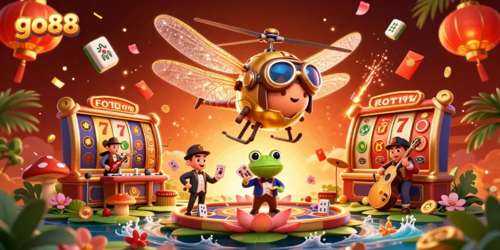 Experience thrilling entertainment with go88's immersive casino scene featuring vibrant characters and gaming elements.