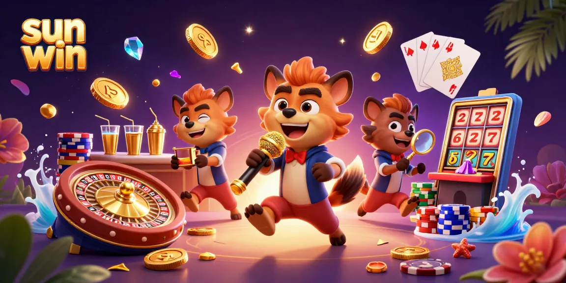 Experience the excitement of sun win with hyenas in a colorful casino scene brimming with vibrant gaming elements.
