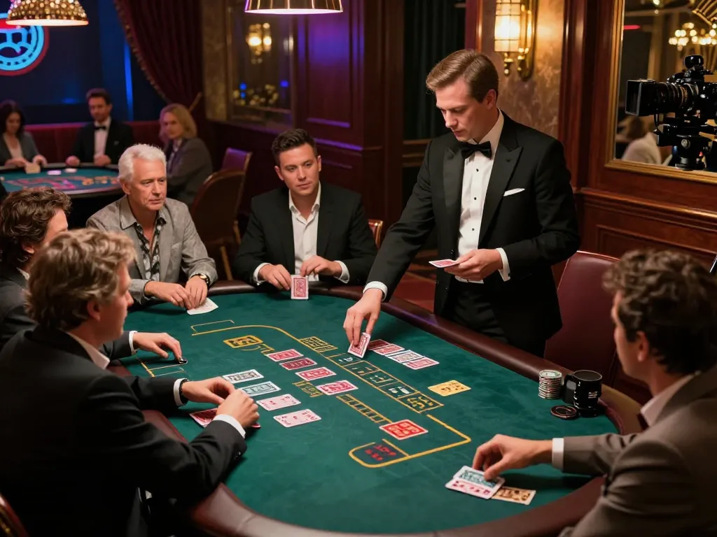 Players enjoying a strategic game of blackjack at sun win casino table with dealer in action.