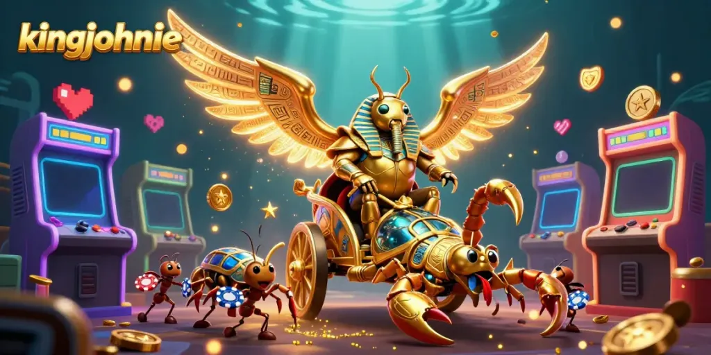 Kingjohnnie showcases a vibrant casino scene with glowing game machines and a majestic scarab beetle in chariot.