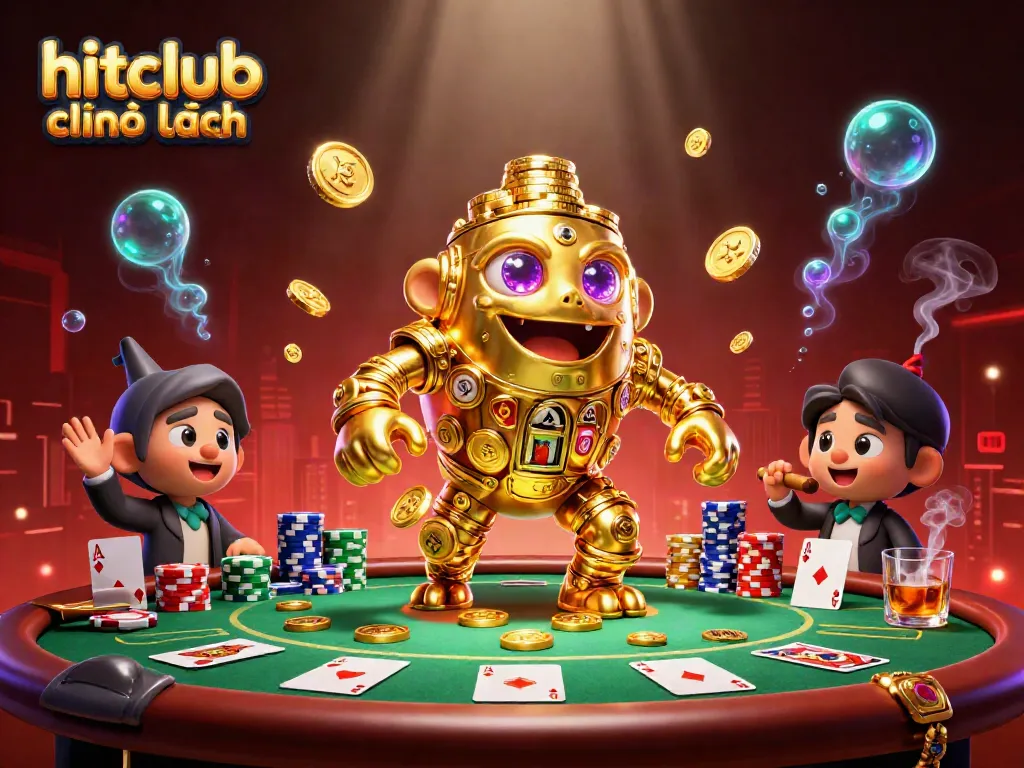 Experience the thrilling atmosphere of hitclub chính hãng with a vibrant casino scene showcasing a golden golem amidst a lively poker game.