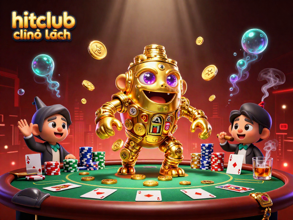 Experience the thrilling atmosphere of hitclub chính hãng with a vibrant casino scene showcasing a golden golem amidst a lively poker game.