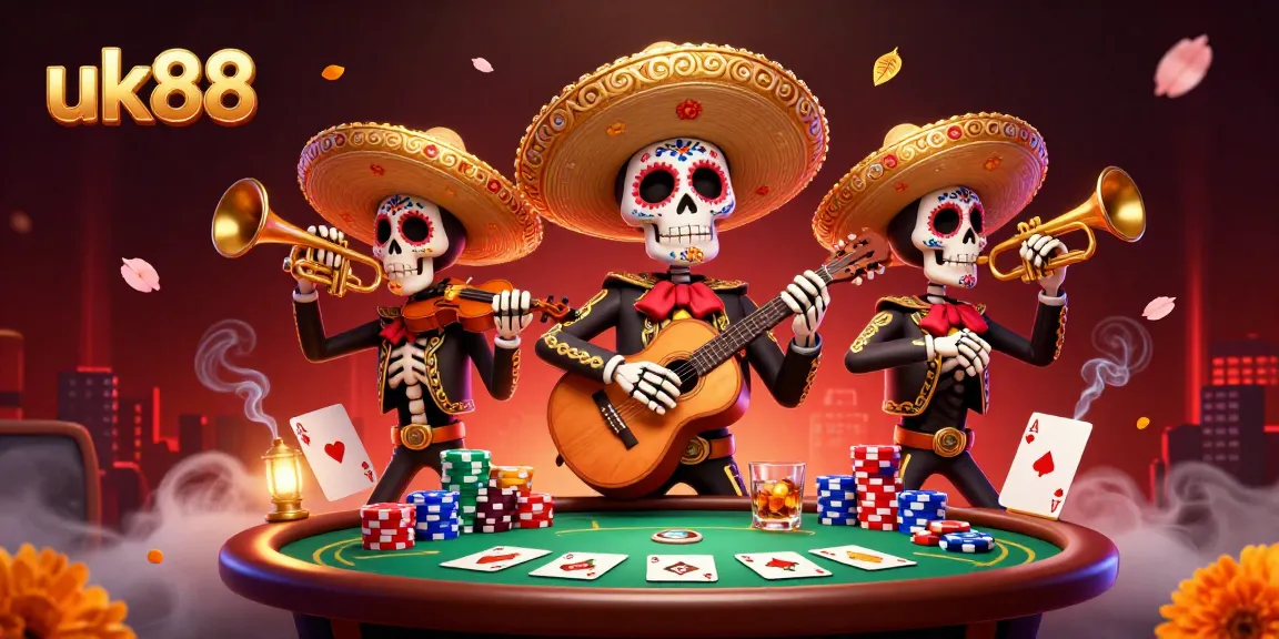 Engage with uk88 at this vibrant 3D cartoon illustration of a mariachi band playing amidst poker elements.
