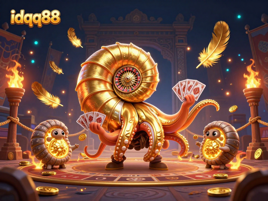 Experience the excitement of idqq88 casino games with vibrant 3D visuals of a giant nautilus roulette wheel.