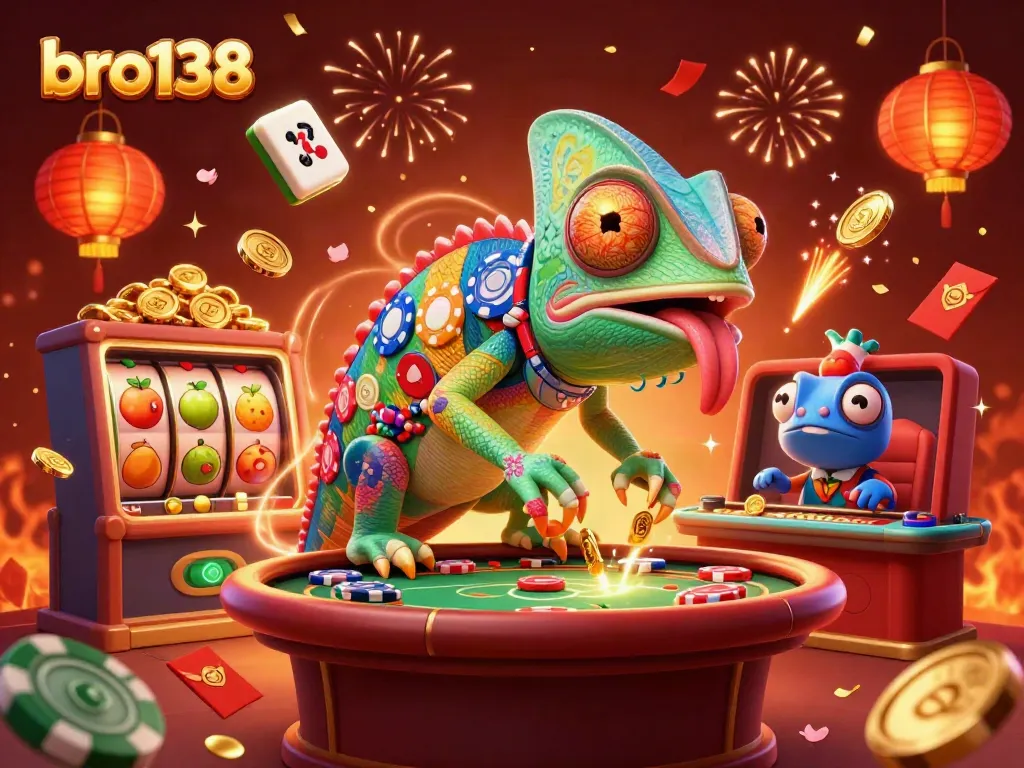 Experience the thrill of bro138 gaming with a vibrant, colorful casino scene featuring unique slot elements.