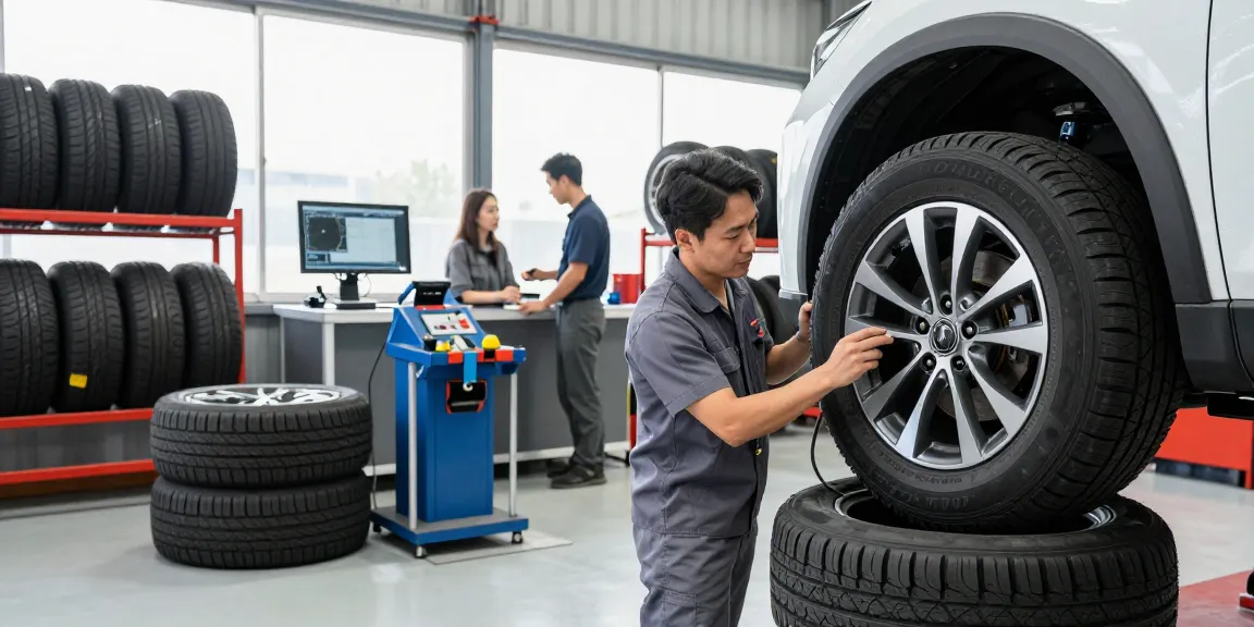 Technician examining Double Coin RR99 tire in a professional automotive service center.