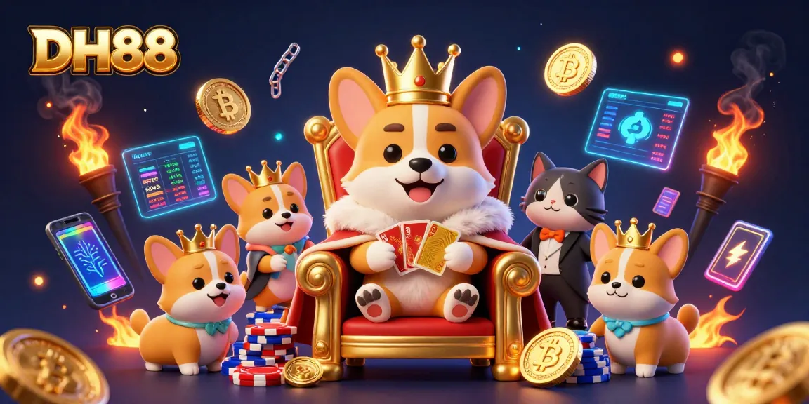 Play exciting games at DH88 with a royal corgi surrounded by crypto symbols and vibrant casino elements.