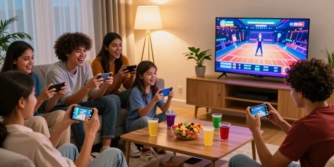 Friends enjoying Winbox88 mobile gaming in a cozy setting with snacks and live casino on TV.
