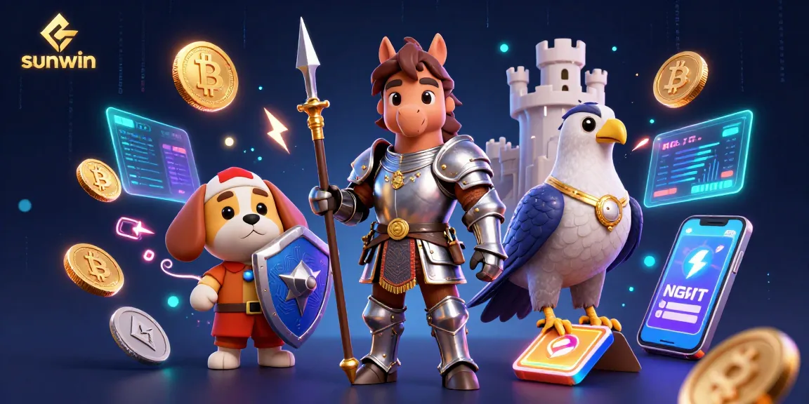 Bet on sunwin with an action-packed scene featuring a knight, a puppy, and casino elements.