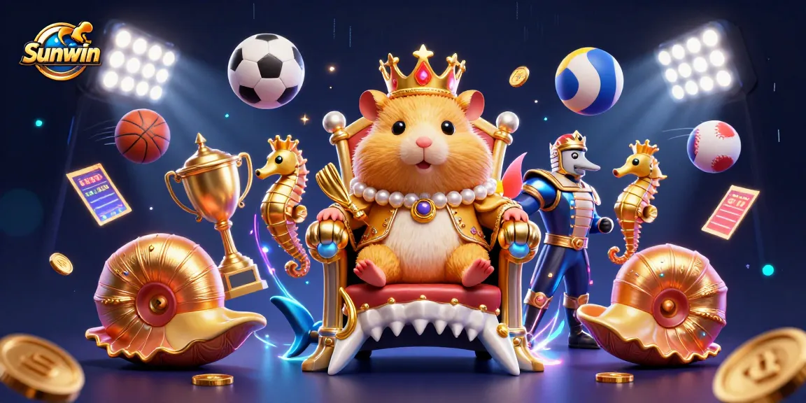 Engage with Sunwin's golden hamster king on an elaborate throne, surrounded by dynamic sports betting elements.