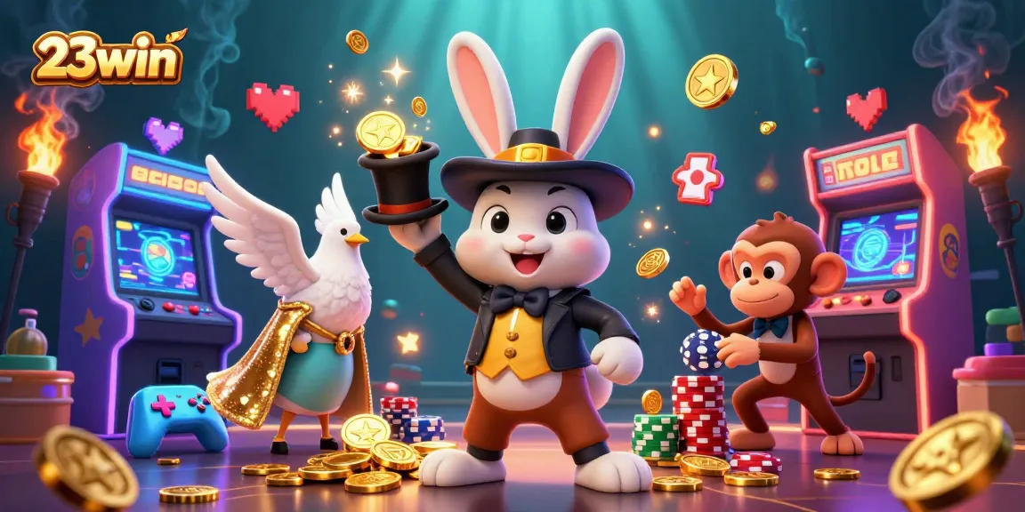 Engage with 23win's magic as the magician rabbit pulls golden coins while the clever monkey grabs poker chips in this vibrant casino scene.