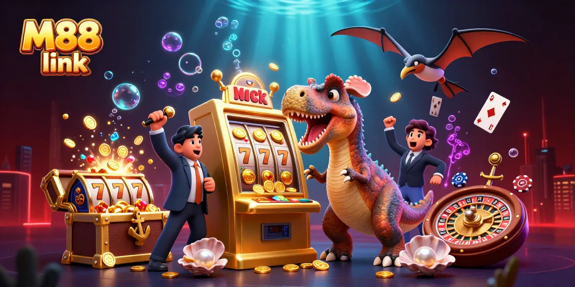 Experience winning with M88 link as dinosaurs celebrate a jackpot in a vibrant casino scene.