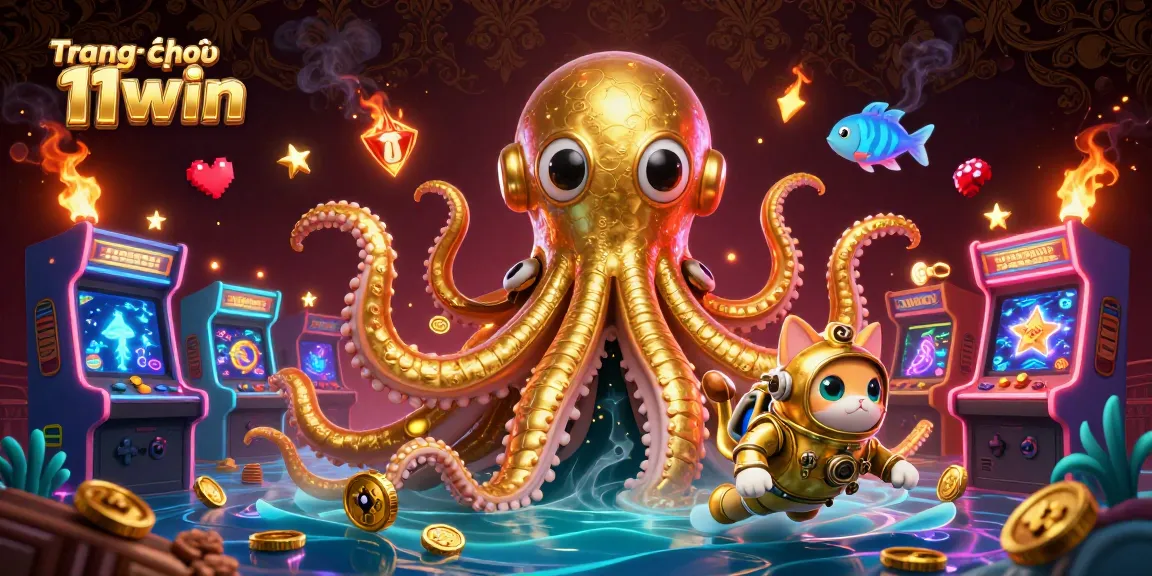 Engage in thrilling play at Trang chủ 11win with a vibrant 3D kraken and diving cat illustration.